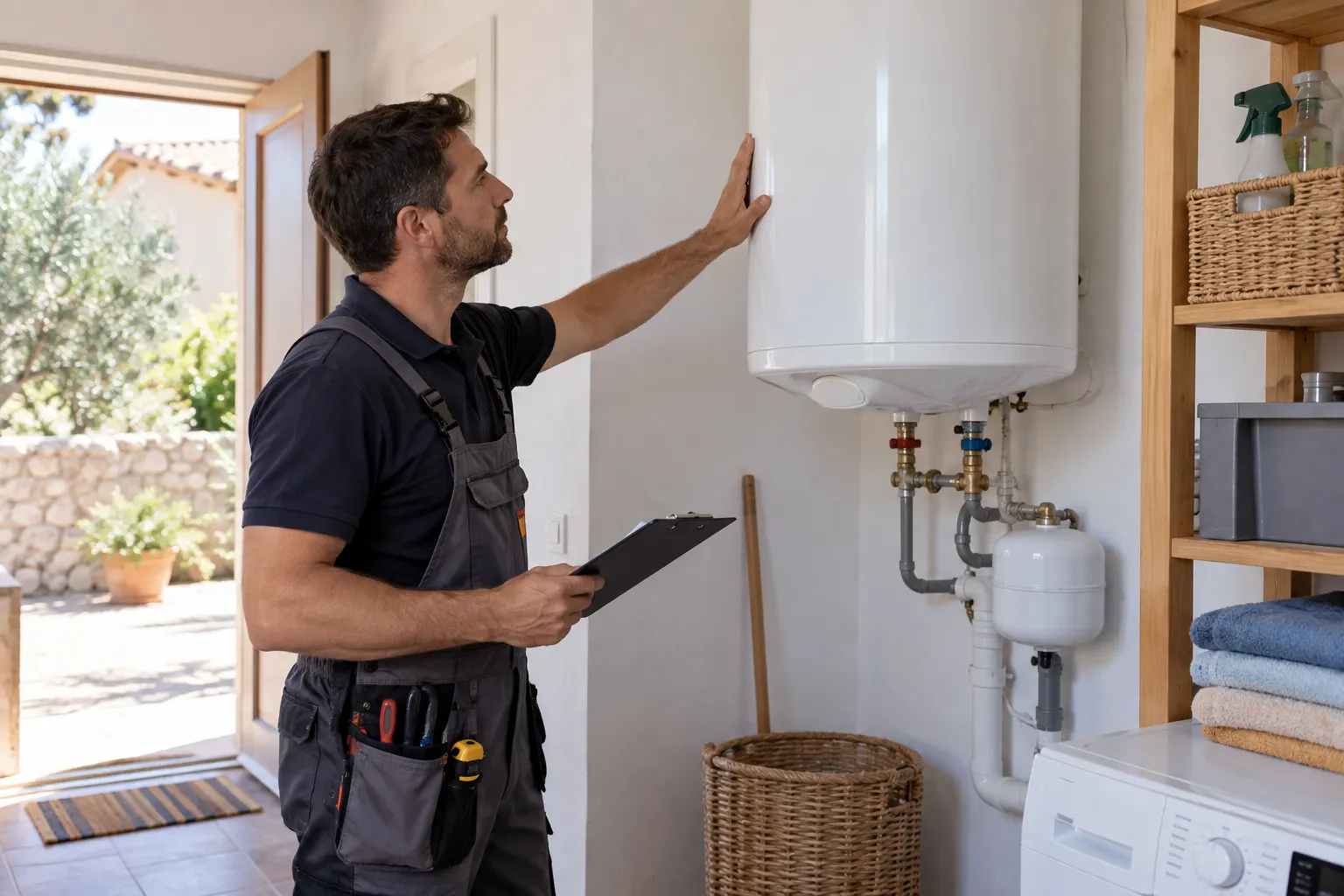 Plombier observant un chauffe-eau électrique mural et ses raccordements visibles