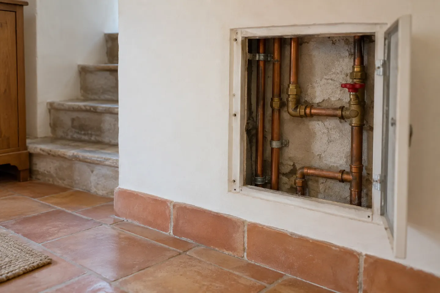 Trappe ouverte sur des canalisations et une vanne dans un intérieur de maison illustratif