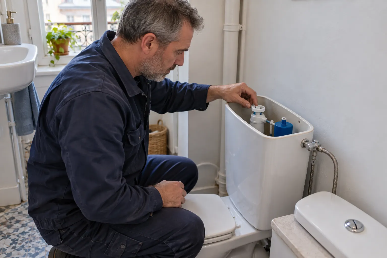 Plombier observant le mécanisme visible d'une chasse d'eau dans un logement